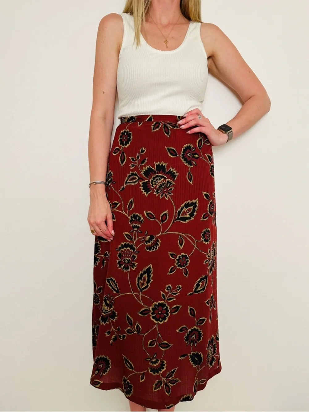 Vintage Jones New York 100% Silk Floral Maxi Skirt Red Black Boho Size 14 - Picture 6 of 10